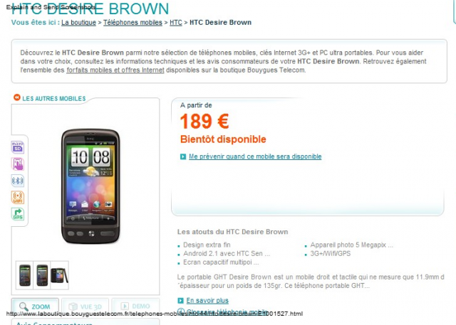 Le HTC Desire à partir de 189 euros début mai chez Bouygues Telecom