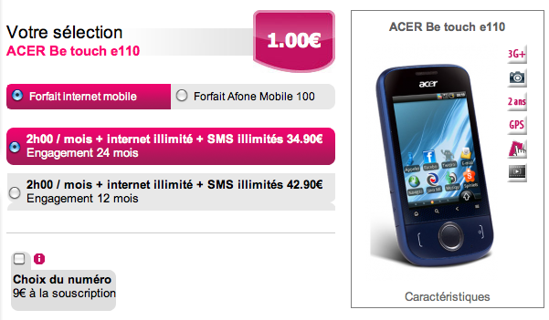 Afone Mobile, MVNO français, commercialise l&rsquo;Acer beTouch E110 !